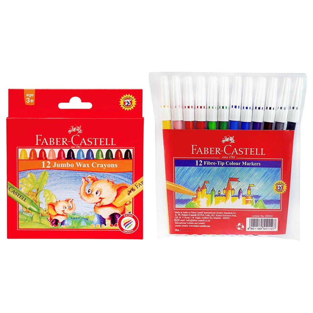 Faber-Castell Jumbo Wax Crayons & Fibre Tip Colour Pens Set