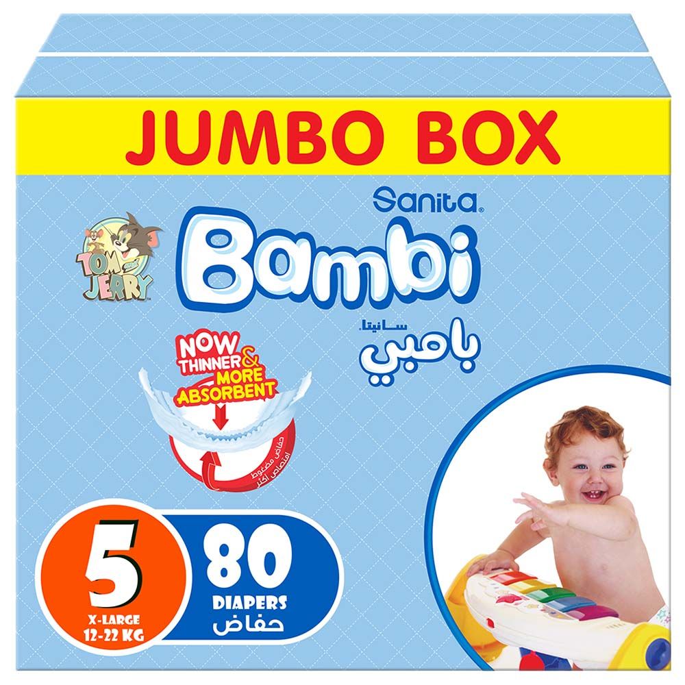 Sanita Bambi - Baby Diapers Jumbo Box Size 5, X-Large, 12-22 KG, 80 Count