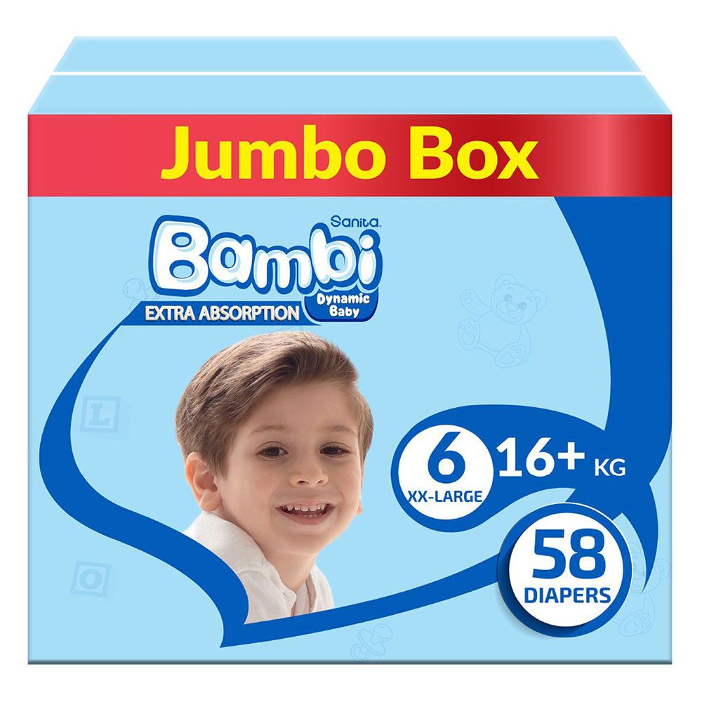 Sanita Bambi - Baby Diapers Jumbo Box Size 6, XX Large +16 KG, 58 Count