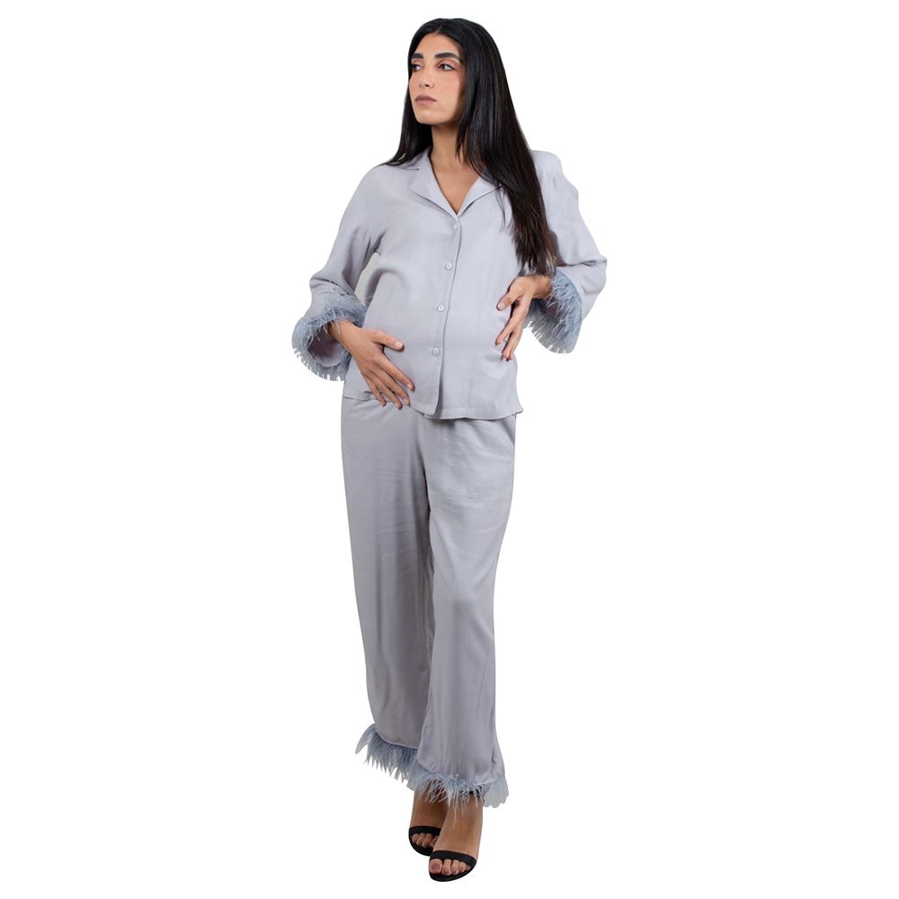 Oh9shop - 2pc-Set - Grey Set With Feather Detail