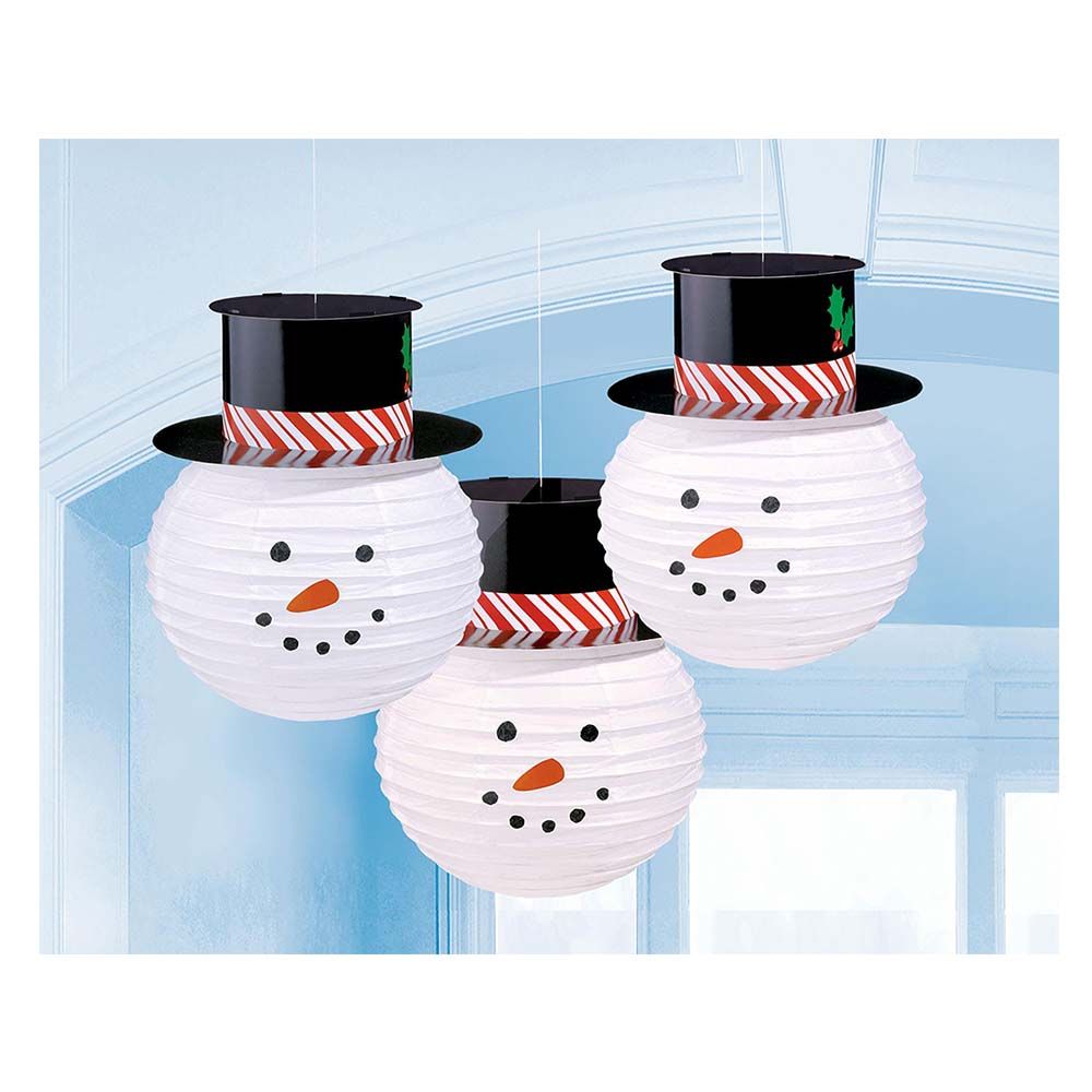 Round Snowmen Lanterns with Hats 3pcs