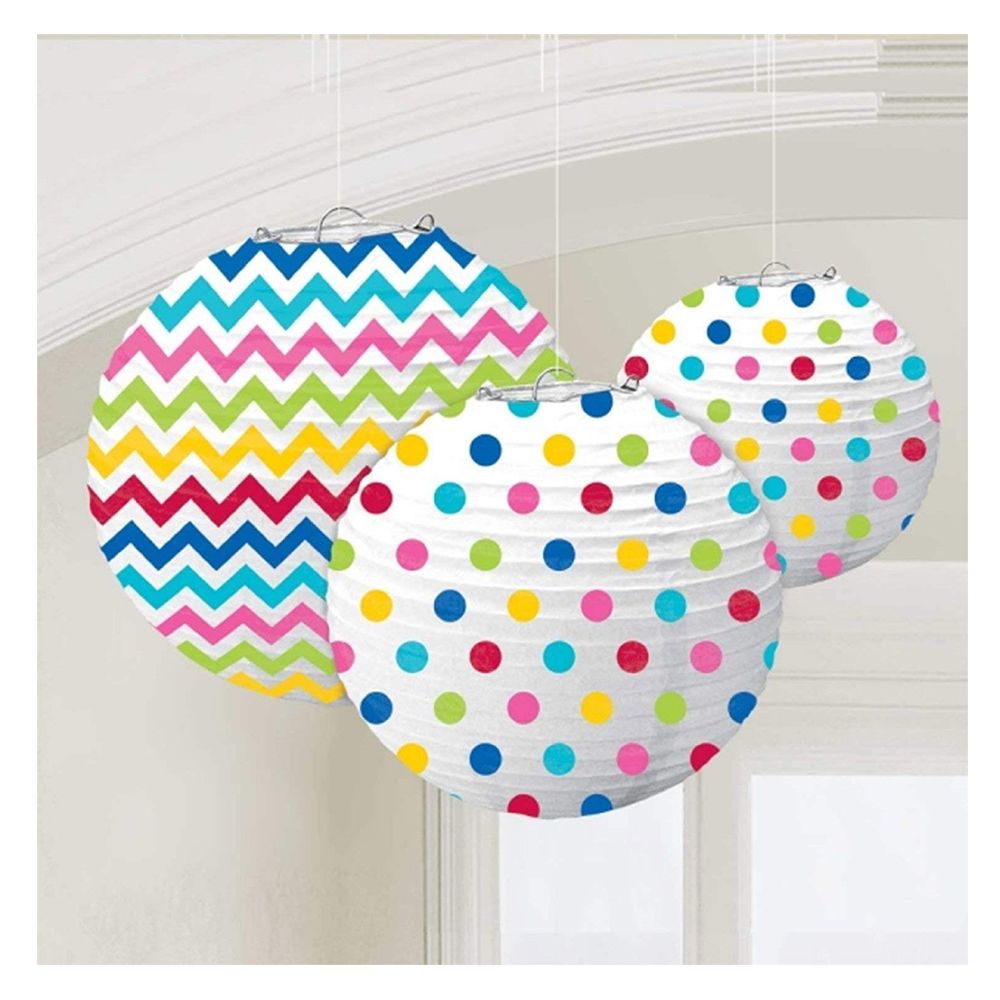 Amscan - Dots & Chevron Round Rainbow Paper Lanterns 9" 3pcs