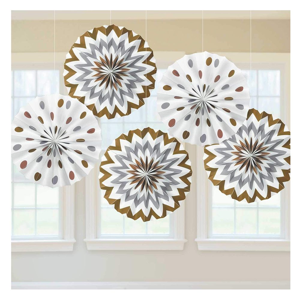 Amscan - Dots & Chevron Paper Fans 8" 5pcs - Mixed Metals