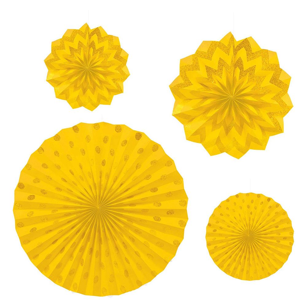 Amscan - Glitter Paper Fans 4pcs - Yellow Sunshine