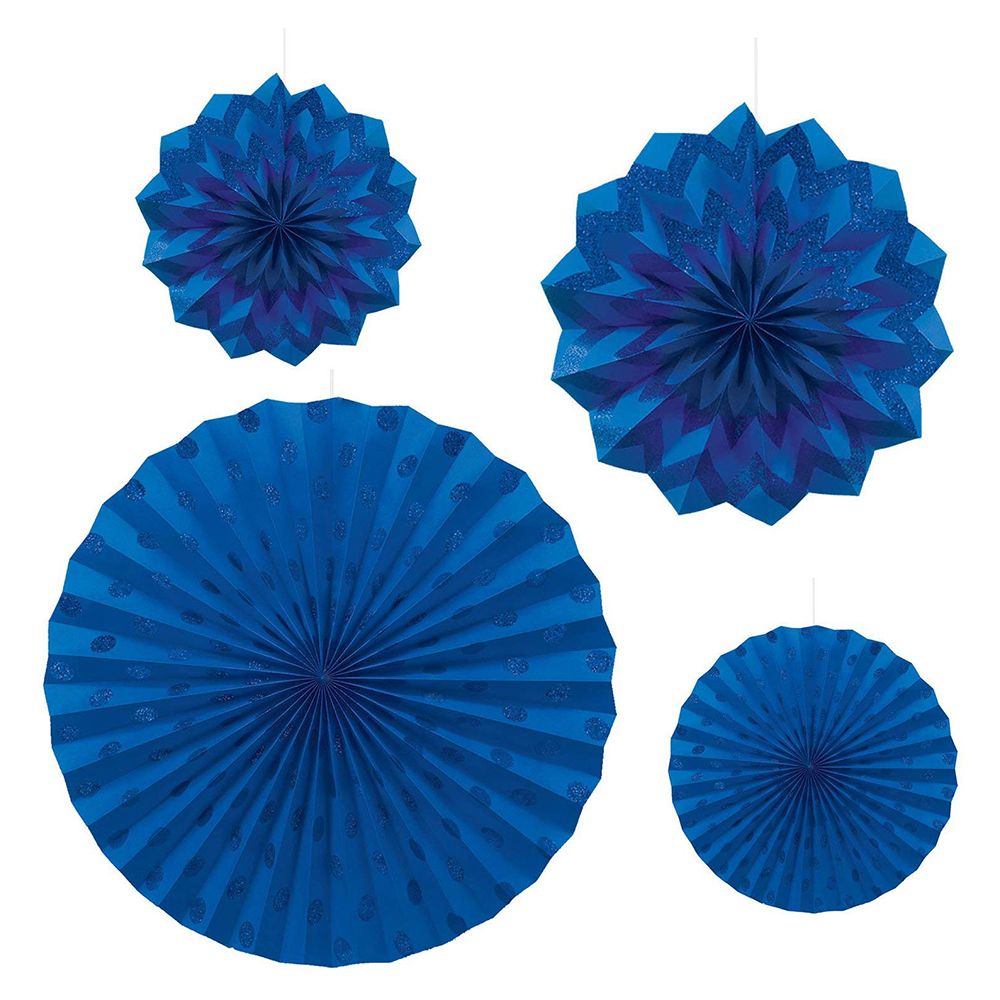 Amscan - Dots & Chevron Glitter Paper Fans 4pcs - Royal Blue