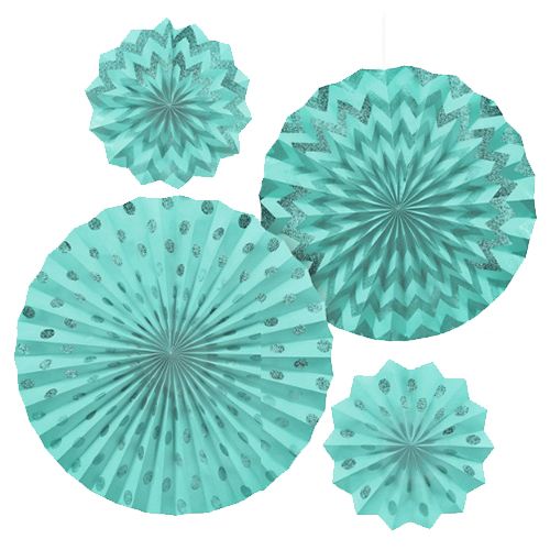 Amscan - Robin's Egg Dots & Chevron Glitter Paper Fans 4pcs