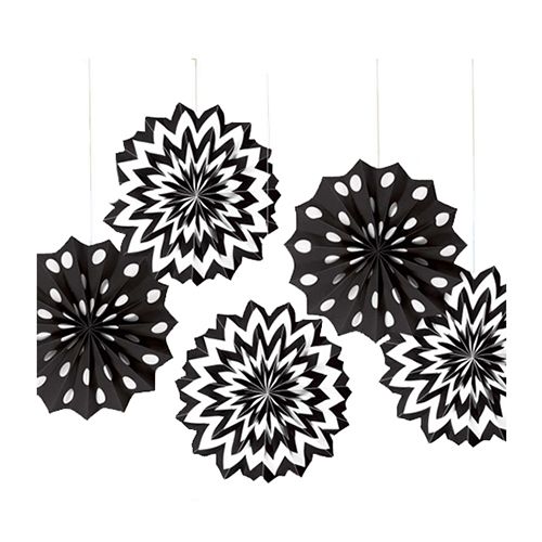 Amscan - Dots & Chevron Paper Fans 8" 5pcs - Jet Black