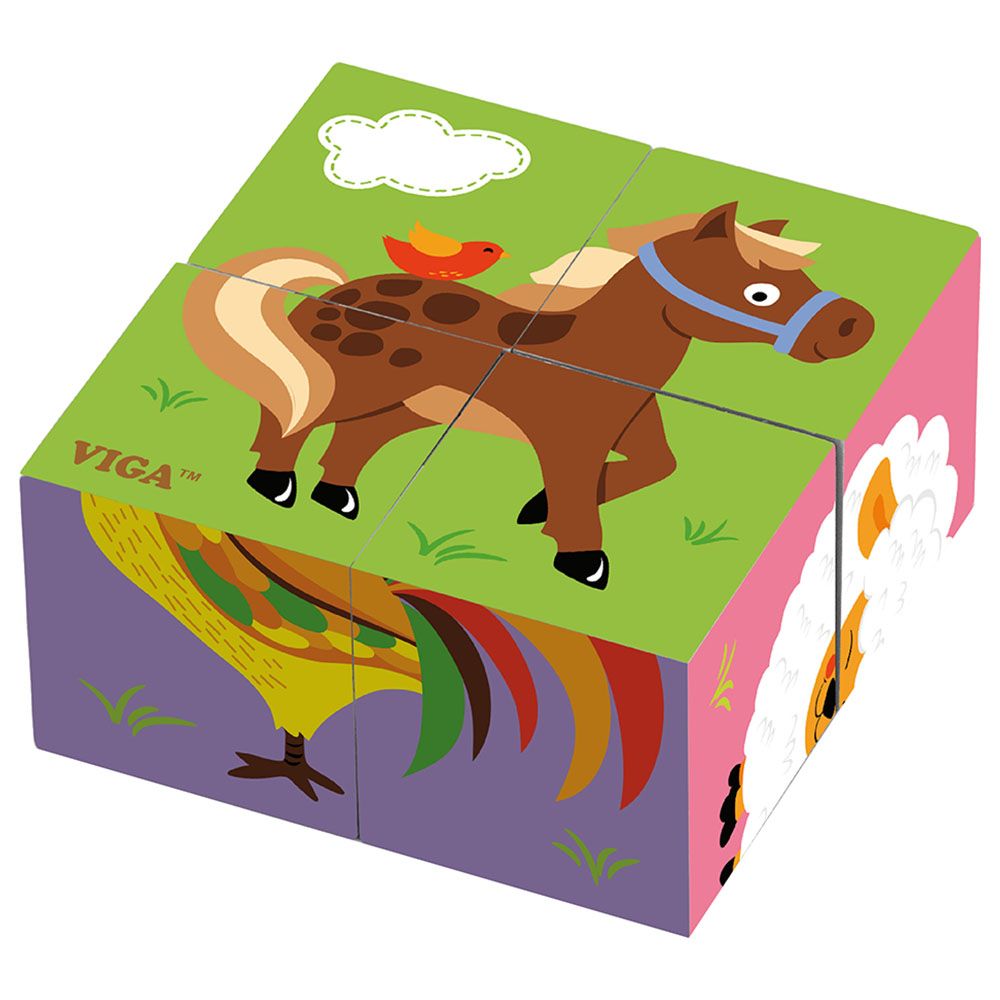 Viga - 4 Pcs 6-Side Cube Puzzle - Farm Animals