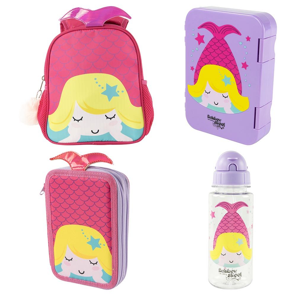 Rainbow Skool - Mermaid Set of 4 - Toddler - Backpack, Stationary Bag, Lunchbox & Tritan Water Bottle