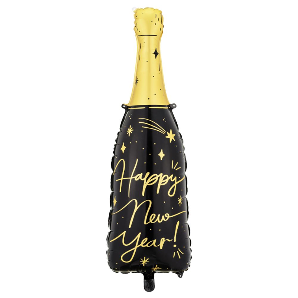 Party Deco - Happy New Year Bottle Shaped Foil Balloon - Black/Gold