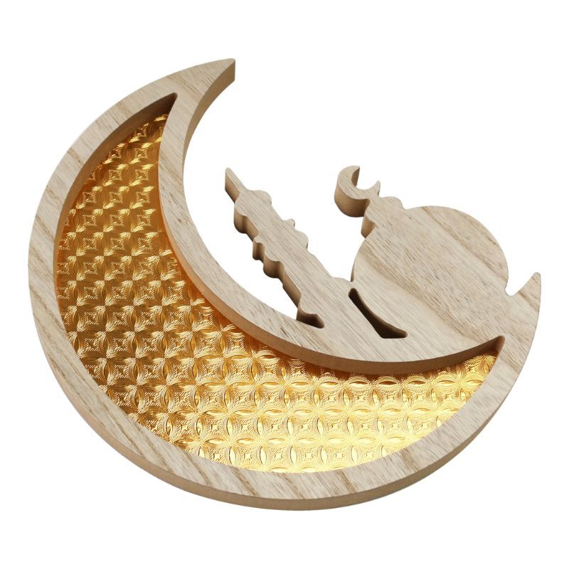 Eid Party Wooden Crescent Moon & Mosque Serving Tray - Gold