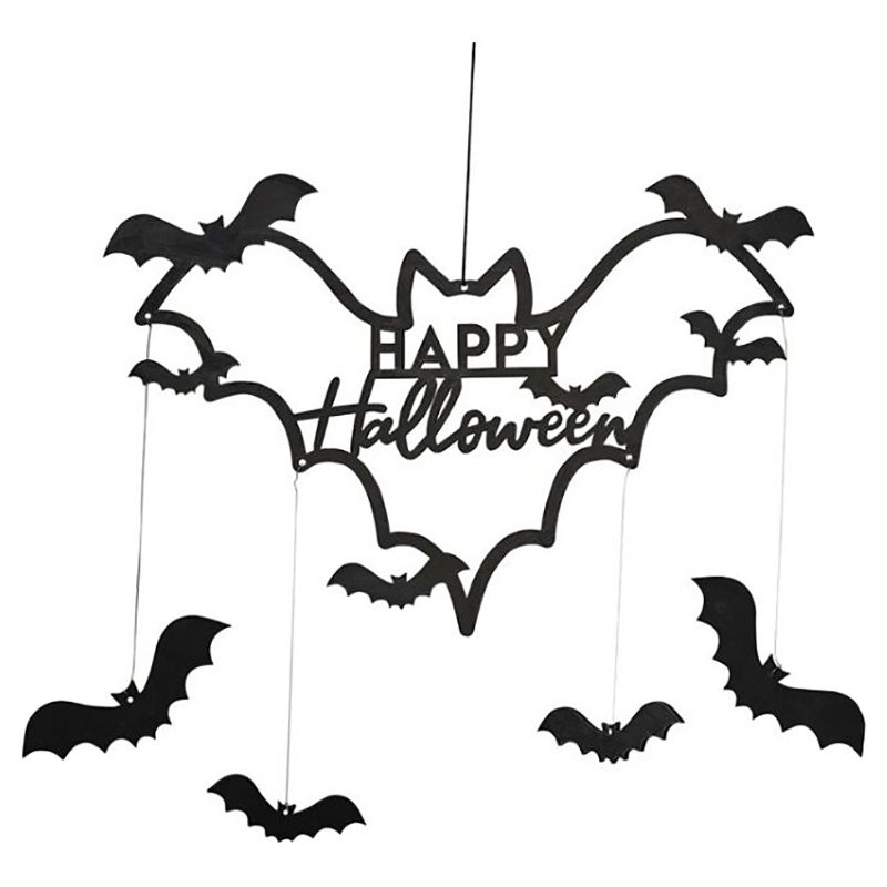 Ginger Ray - Black Wood Bat Happy Halloween Wreath