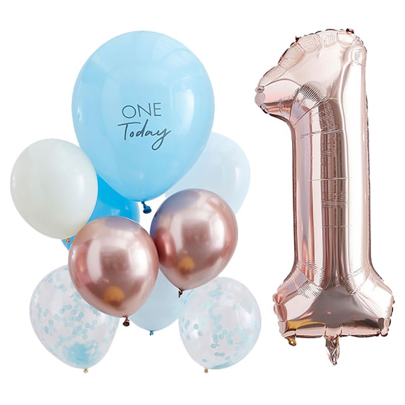 Ginger Ray - Blue And Rose Gold First Birthday Balloons