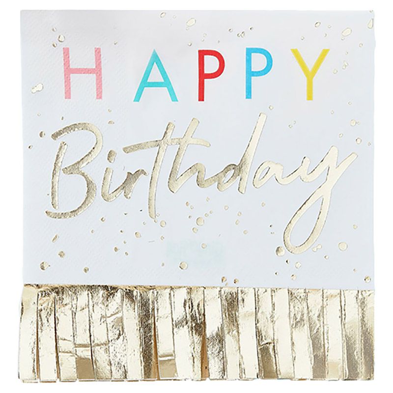 Ginger Ray - Happy Birthday Fringed Gold Napkins