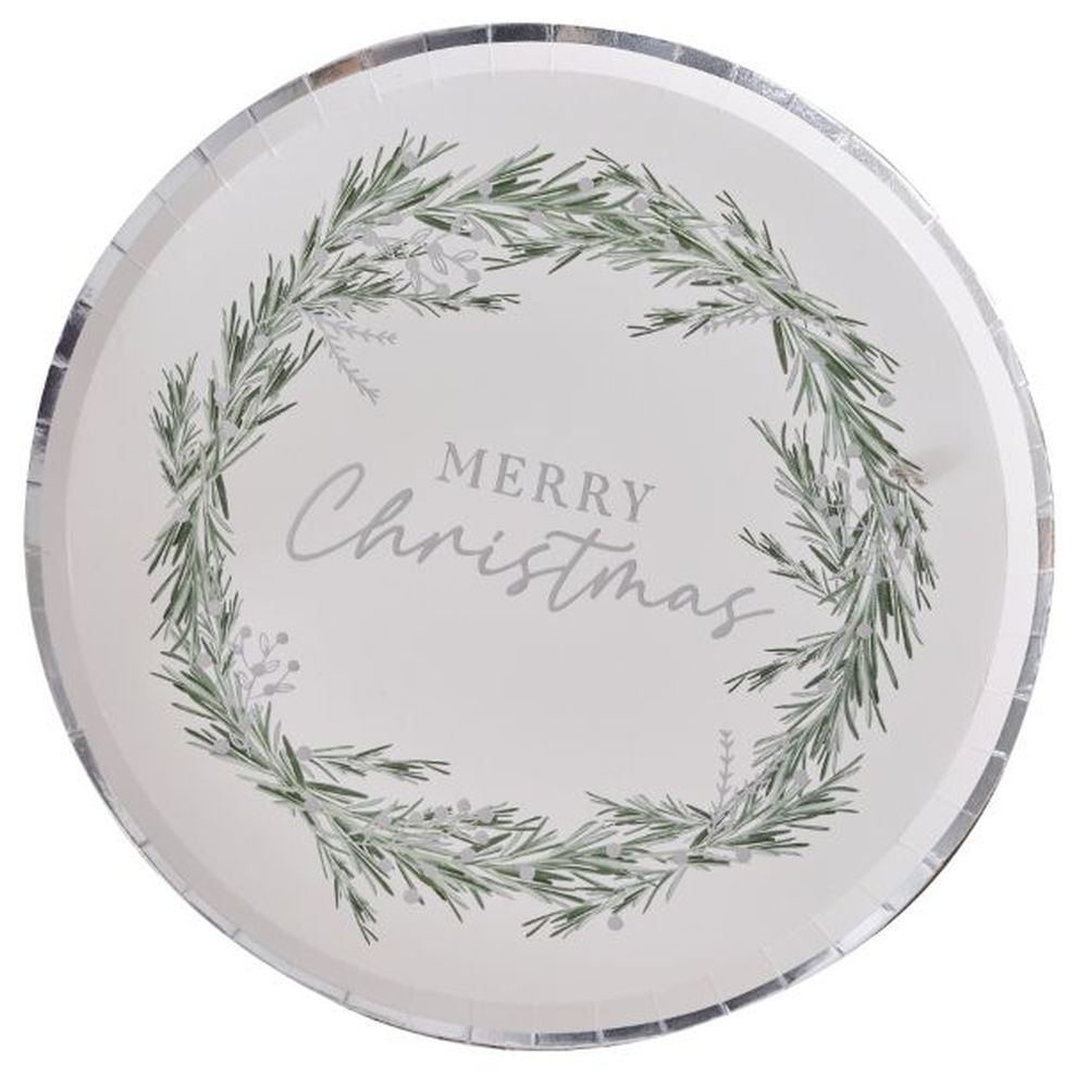 Ginger Ray - Silver Merry Christmas Wreath Plates 8pcs