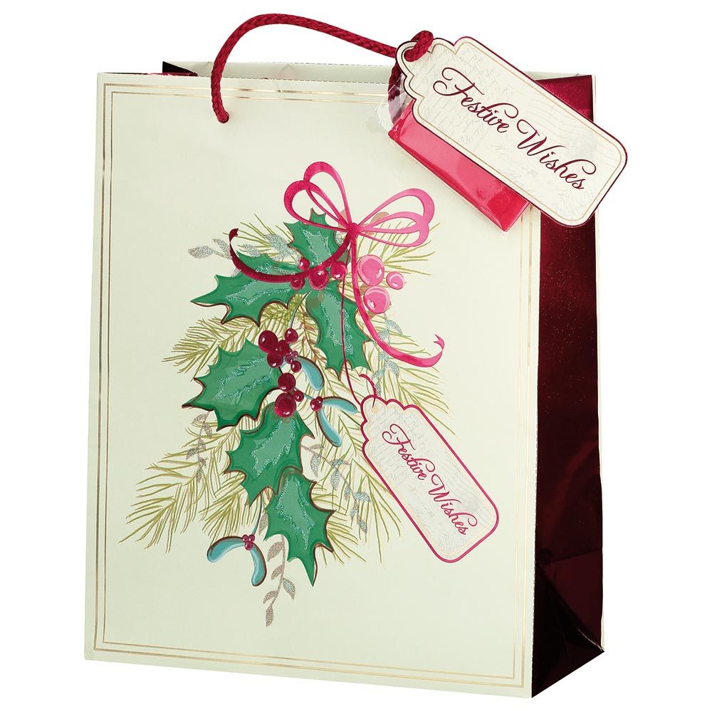 Tom Smith - Christmas Gift Bag Holly Medium - Beige