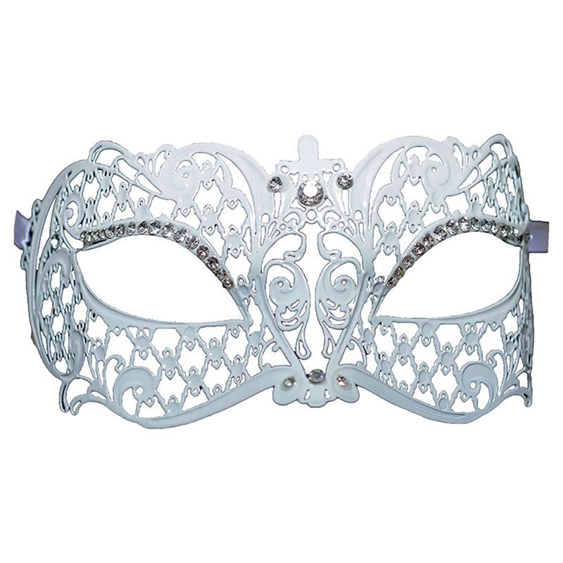 Party Magic - Adult Metal Mask With Diamonds And Ribbon - White