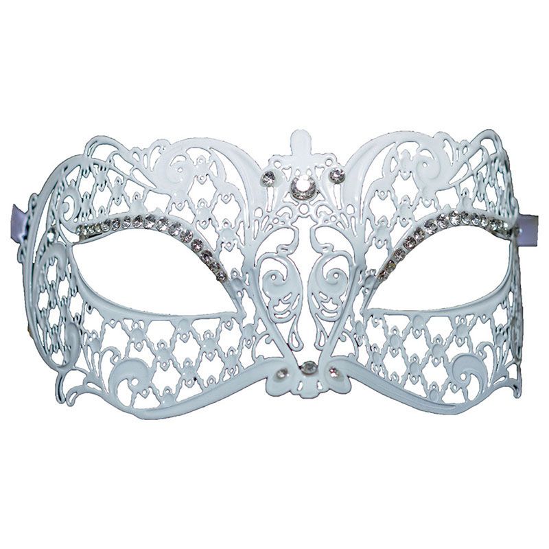 Party Magic - White Metal Mask With Diamonds And Ribbon