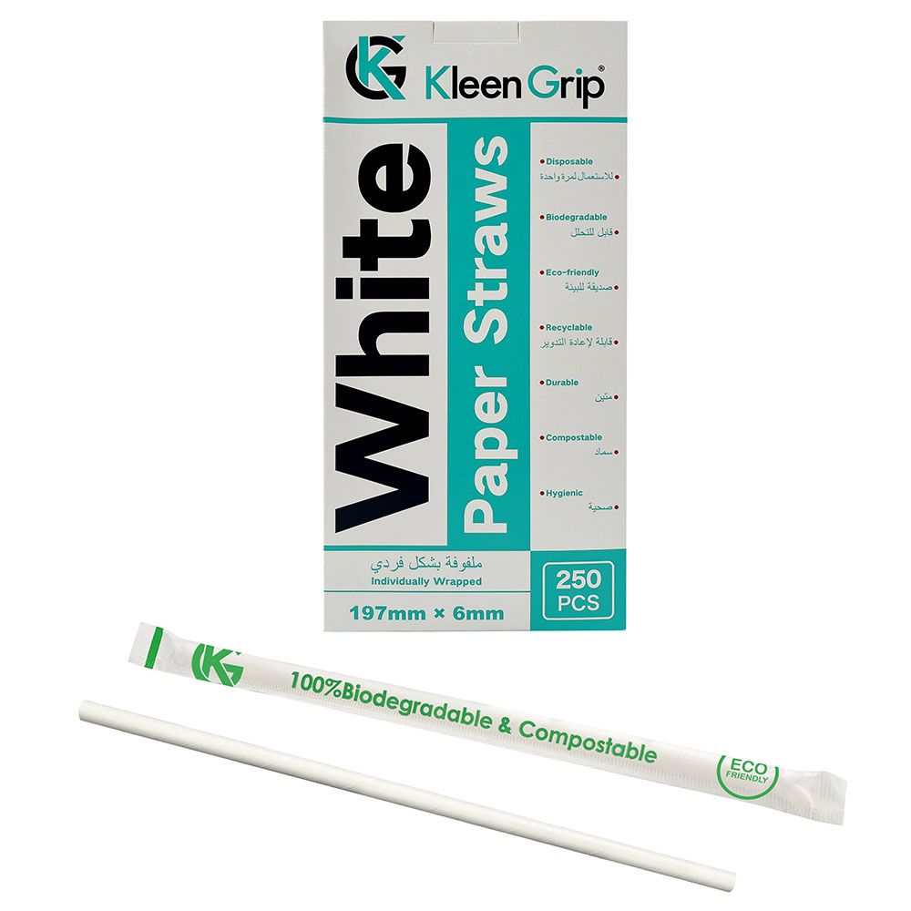 Kleen Grip - Straight Paper Straws 19.7cm - 250pcs - White