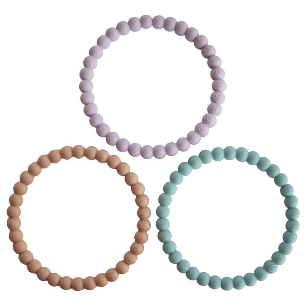 Mushie - Silicone Pearl Teether Bracelets - Lilac,Cyan,Soft Peach