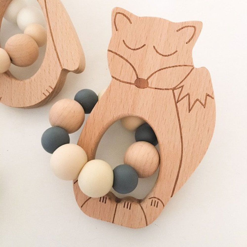 One.Chew.Three - Sleepy Fox Silicone & Rattle Teether - Grey