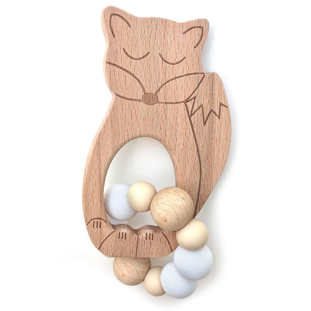 One.Chew.Three - Sleepy Fox Silicone & Rattle Teether - White