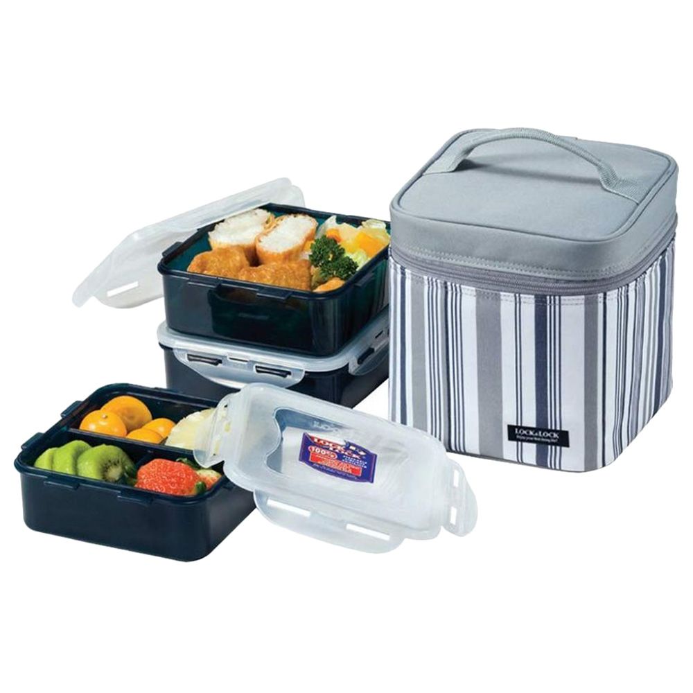 Lock&Lock - Lunch Box 3pc-Set Stripe Bag - Grey