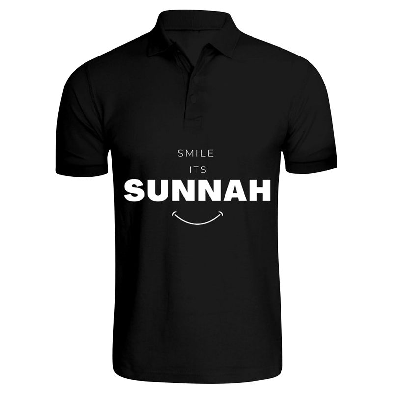 BYFT - Smile Its Sunnah Printed Cotton Polo T-Shirt - Black