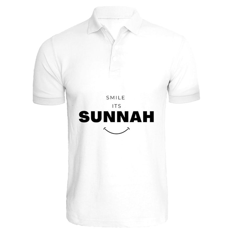 BYFT - Smile Its Sunnah Printed Cotton Polo T-Shirt - White