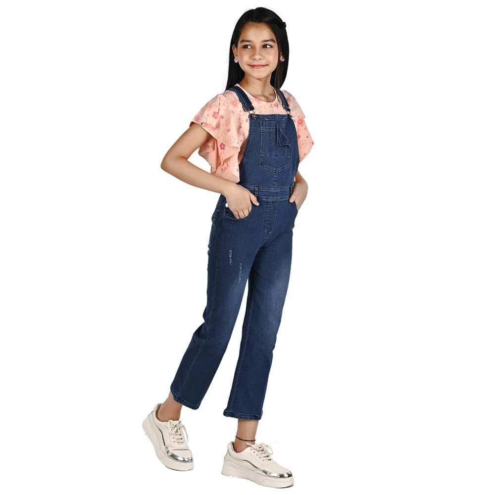 Flower Girl - Girl Full Length Denim Dungaree - Blue