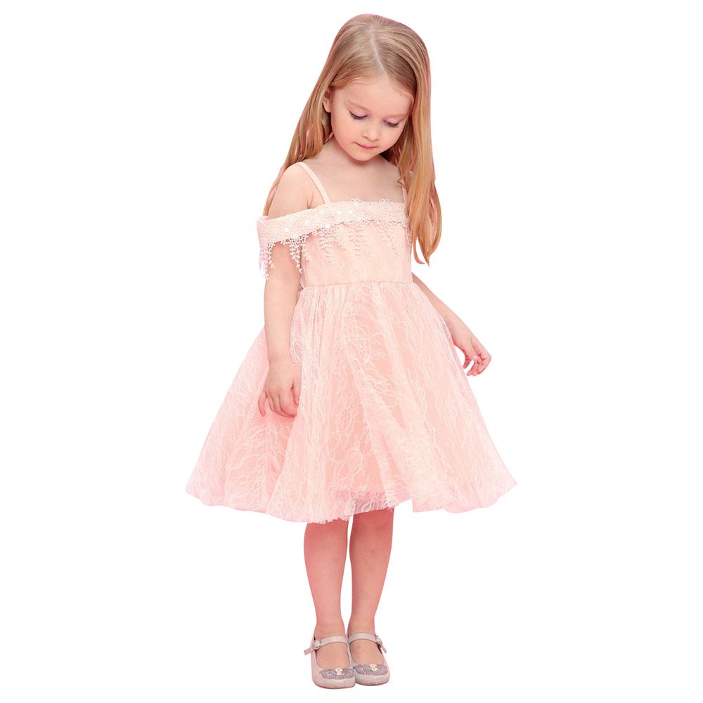 Baby Doll - Cold Shoulder Sleeveless Tulle Dress - Peach