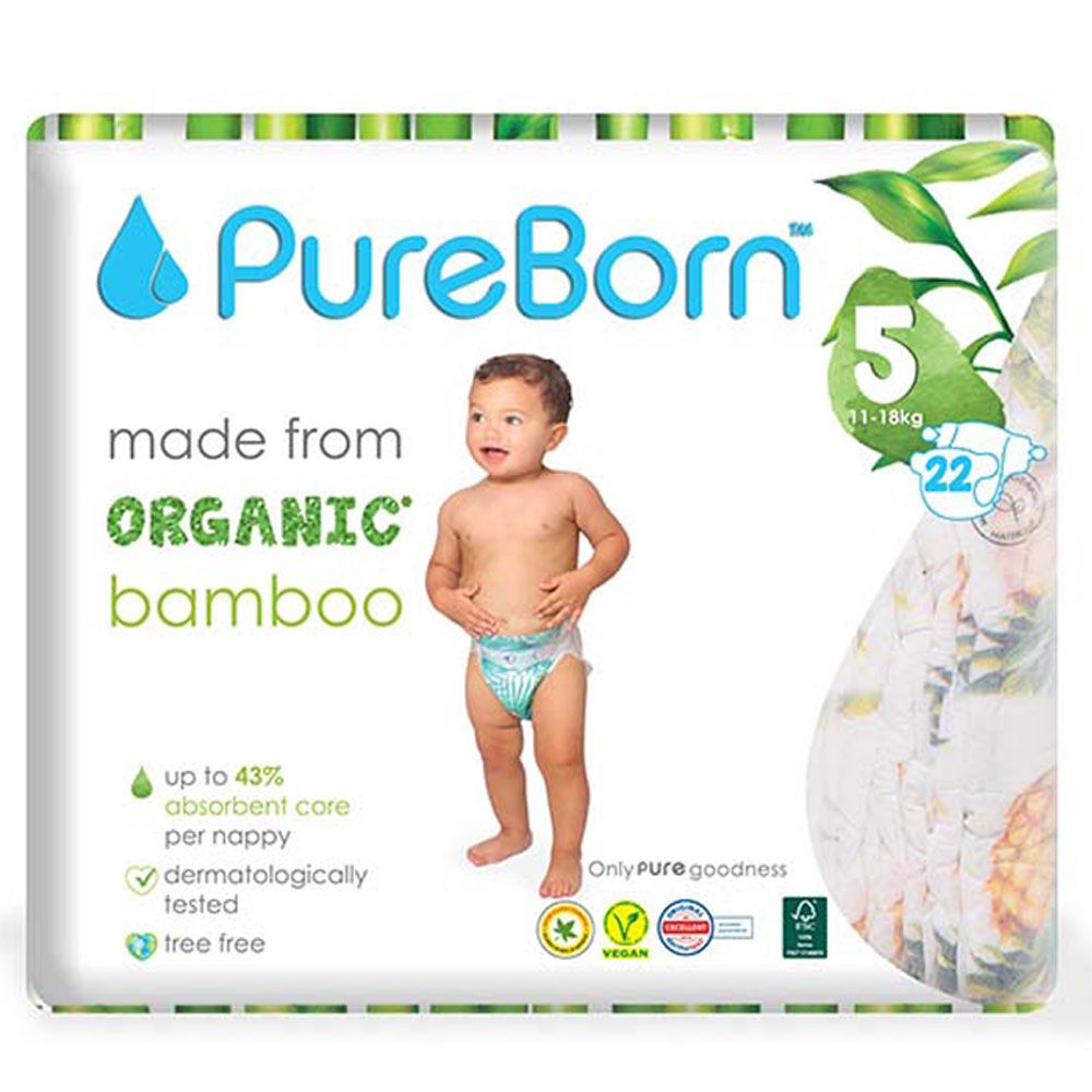 Pureborn - Size 5 Singles - 11-18kg - 22 Pcs - 1 x 6 Bundle - Color May Vary