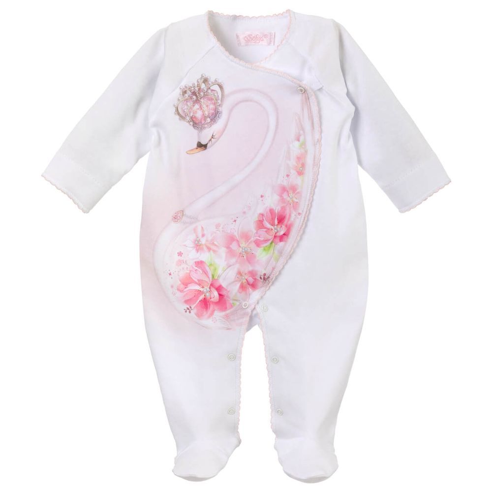 Sofija - Ismena Embellished Swan Babygrow - White