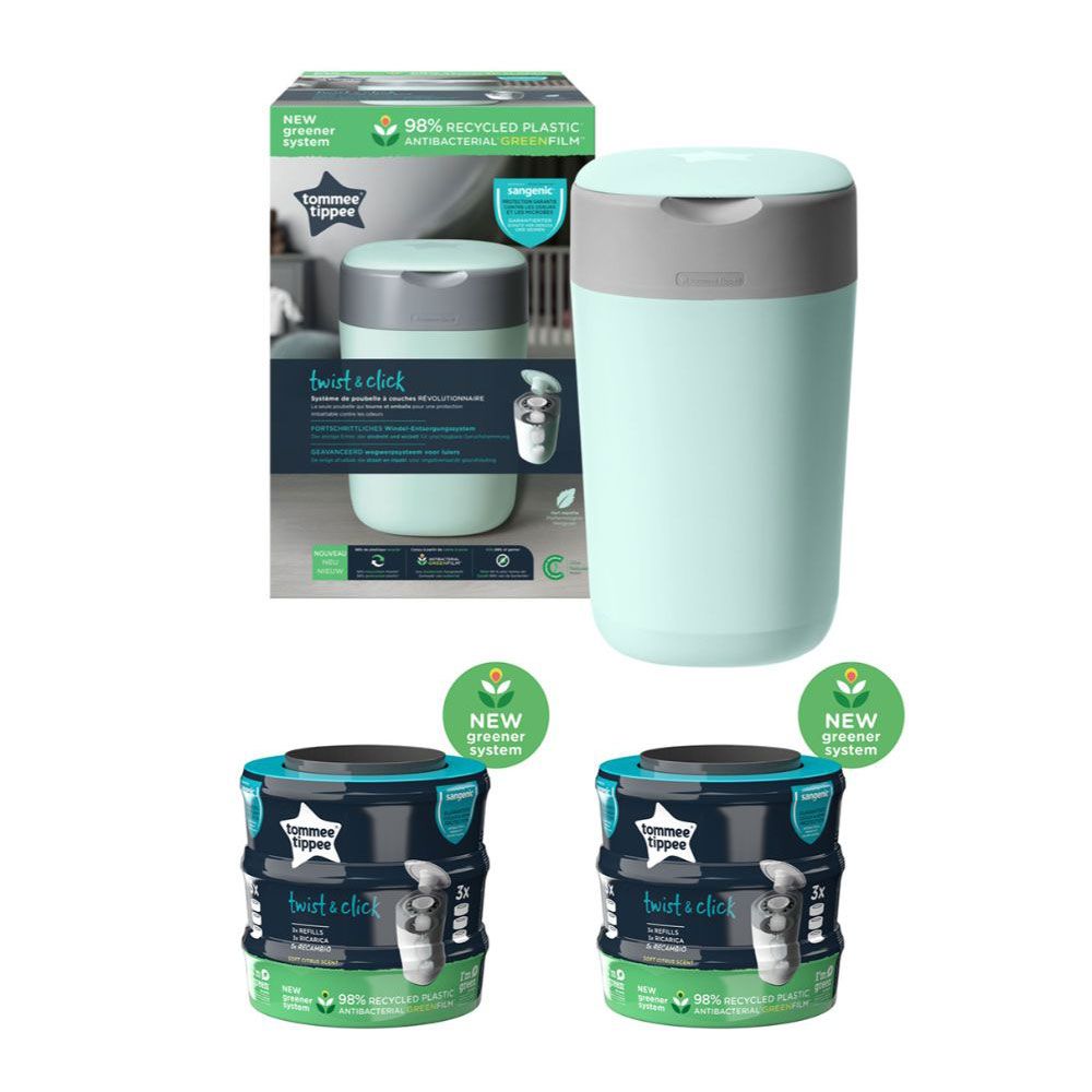 Tommee Tippee Twist & Click Nappy Disposal Sangenic Bin - Green + Cassette x 6