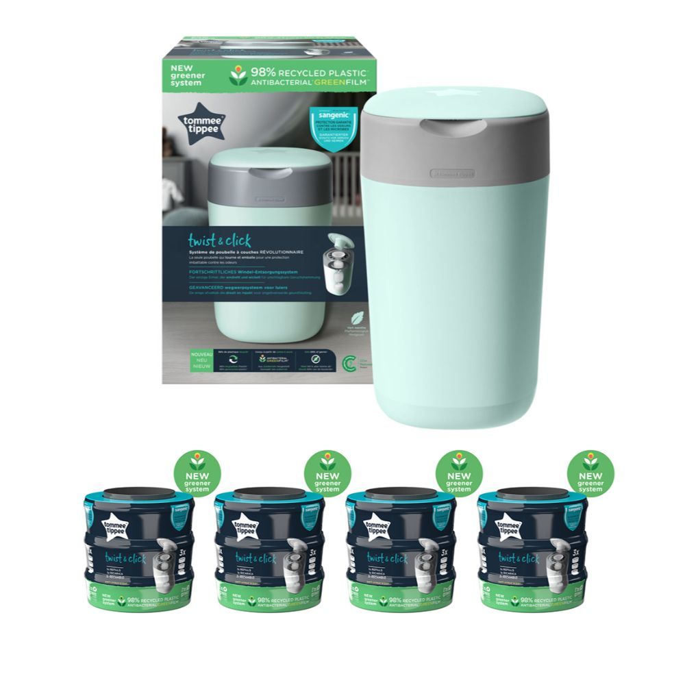 Tommee Tippee Twist & Click Nappy Disposal Sangenic Bin - Green + Cassette x 12