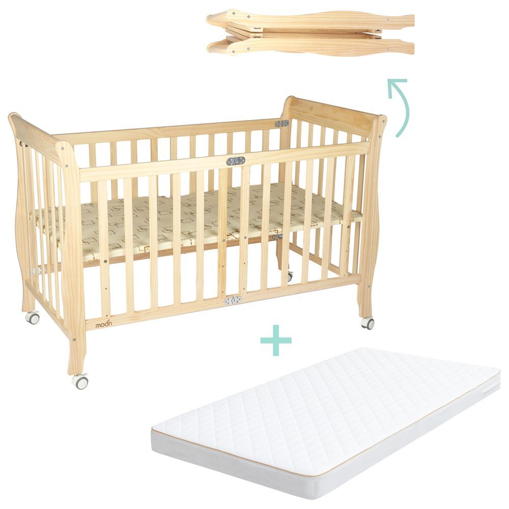 Moon - Wooden Foldable Baby Crib & Mattress - Natural Wood