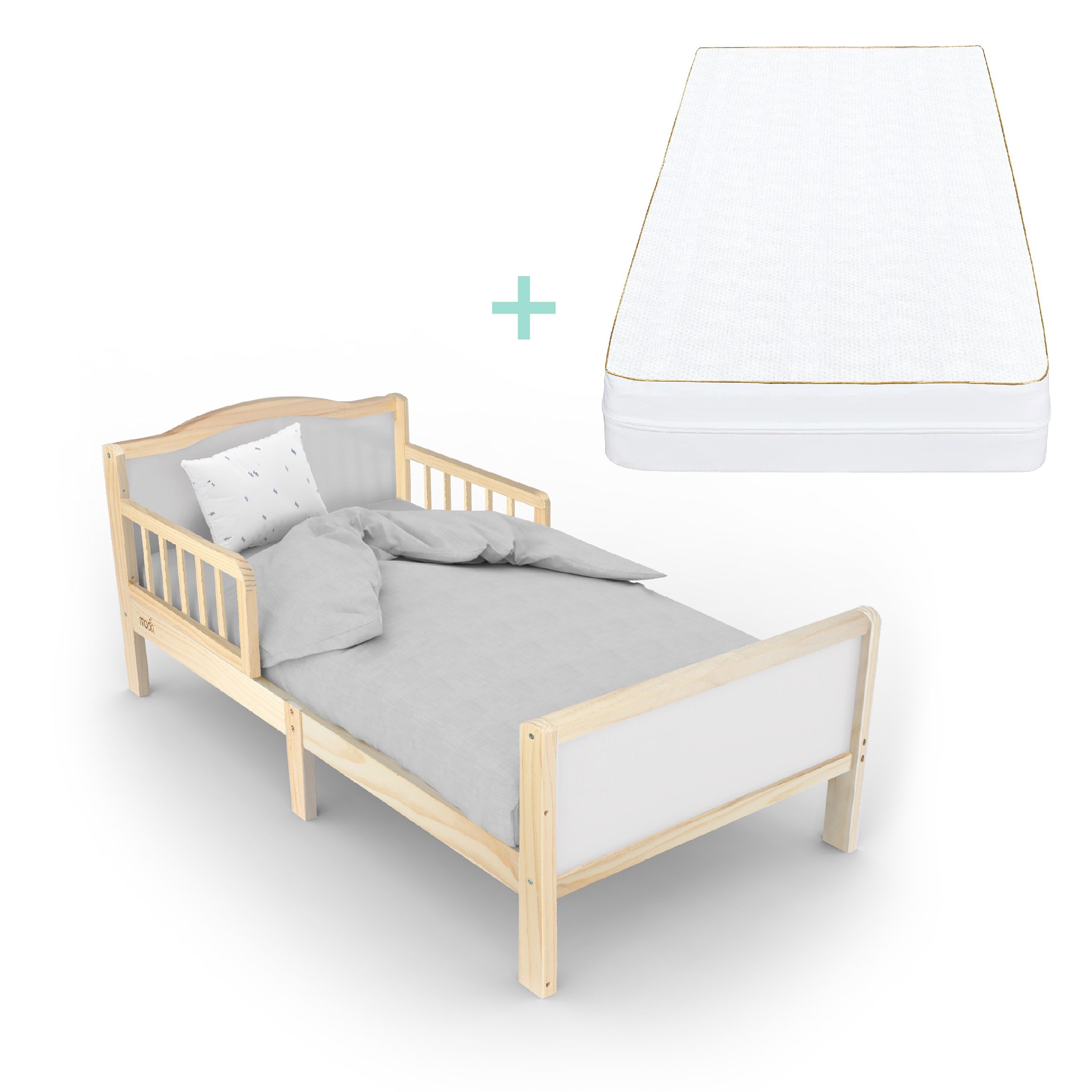 Moon - Wooden Toddler Bed & Mattress - Natural Wood