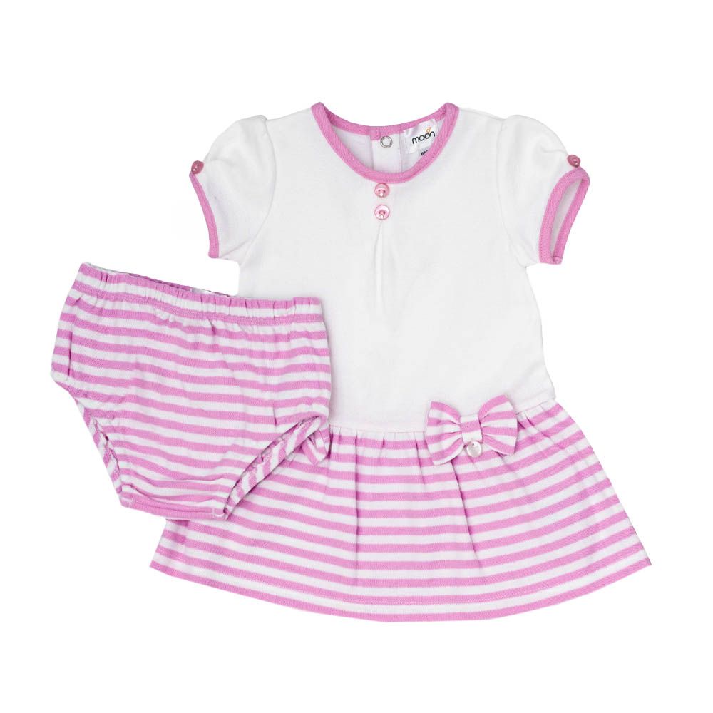 Moon - 2pc-Set - 100% Cotton Dress & Bloomer - Pink Stripes