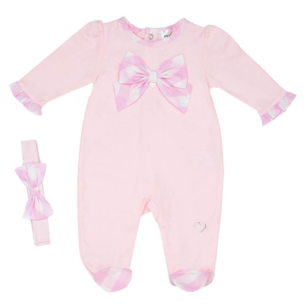 Moon - 100% Cotton Sleepsuit W/Headband - Pink Gingham