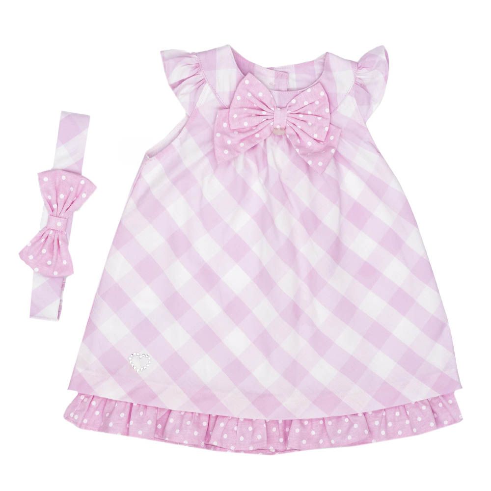 Moon - 100% Cotton Dress W/Headband - Pink Gingham