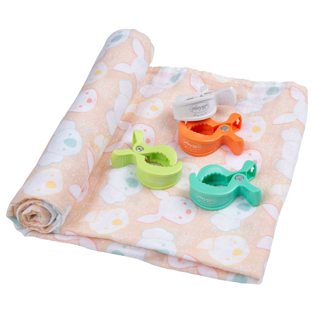 Playgro Home - Fauna Friends Muslin Swaddle & Pram Clips - 4pcs