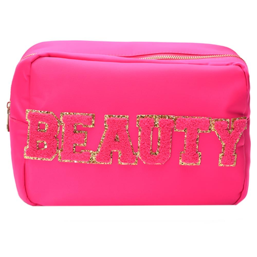 TheHappyTribe - Beauty Pouch W/ Pink Letters - Large - Neon Pink