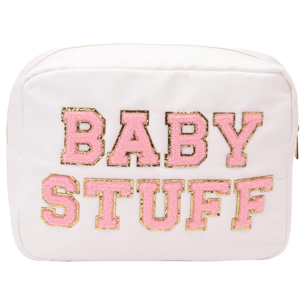 TheHappyTribe - Baby Stuff Pouch W/ Pink Letters - Large - White