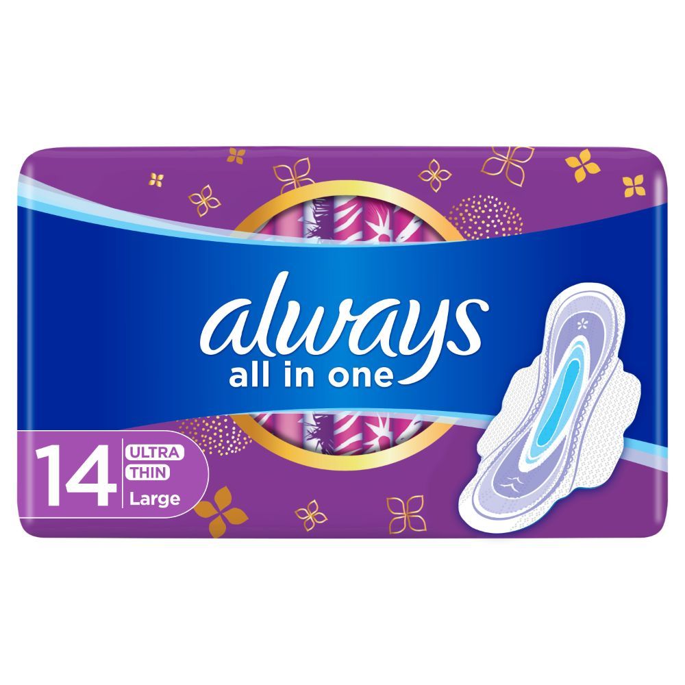 Always All-in-1 Ultra Thin, Large Sanitary Pads W/ Wings 14 Count