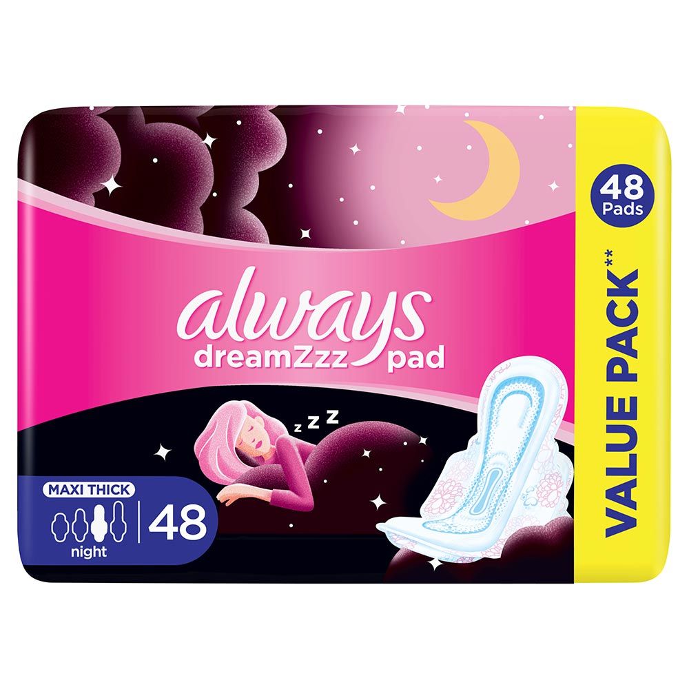 Always Cottony Soft Maxi Thick, Night Sanitary Pads with Wings, 48 Count