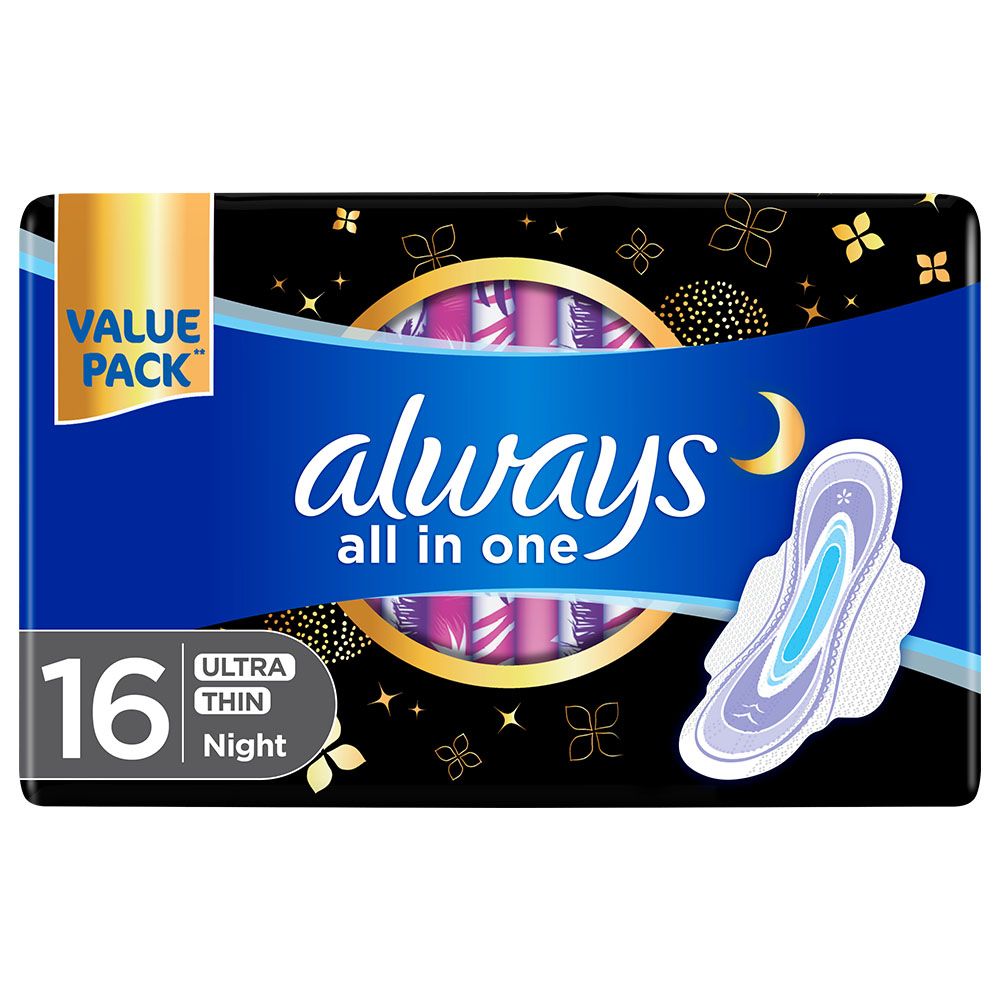 Always All-in-1 Ultra Thin, Night Sanitary Pads with Wings, 16 Count