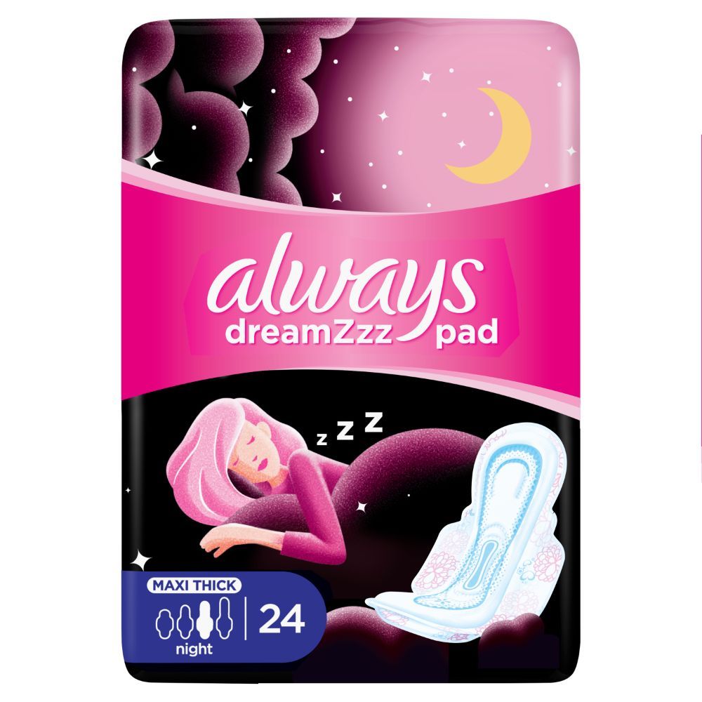 Always Cottony Soft Maxi Thick, Night Sanitary Pads W/ Wings, 24 Count