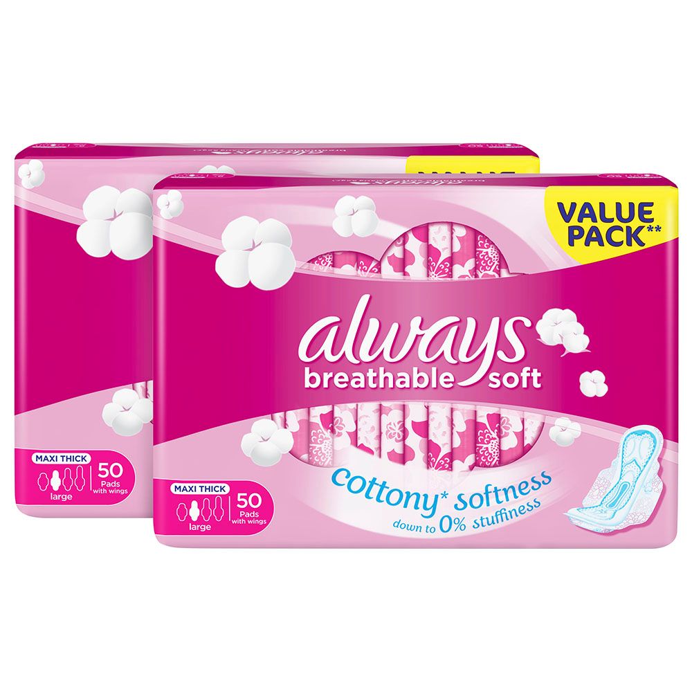 Always Cottony Soft Maxi Thick Large Pads w/ Wings 50's x 2