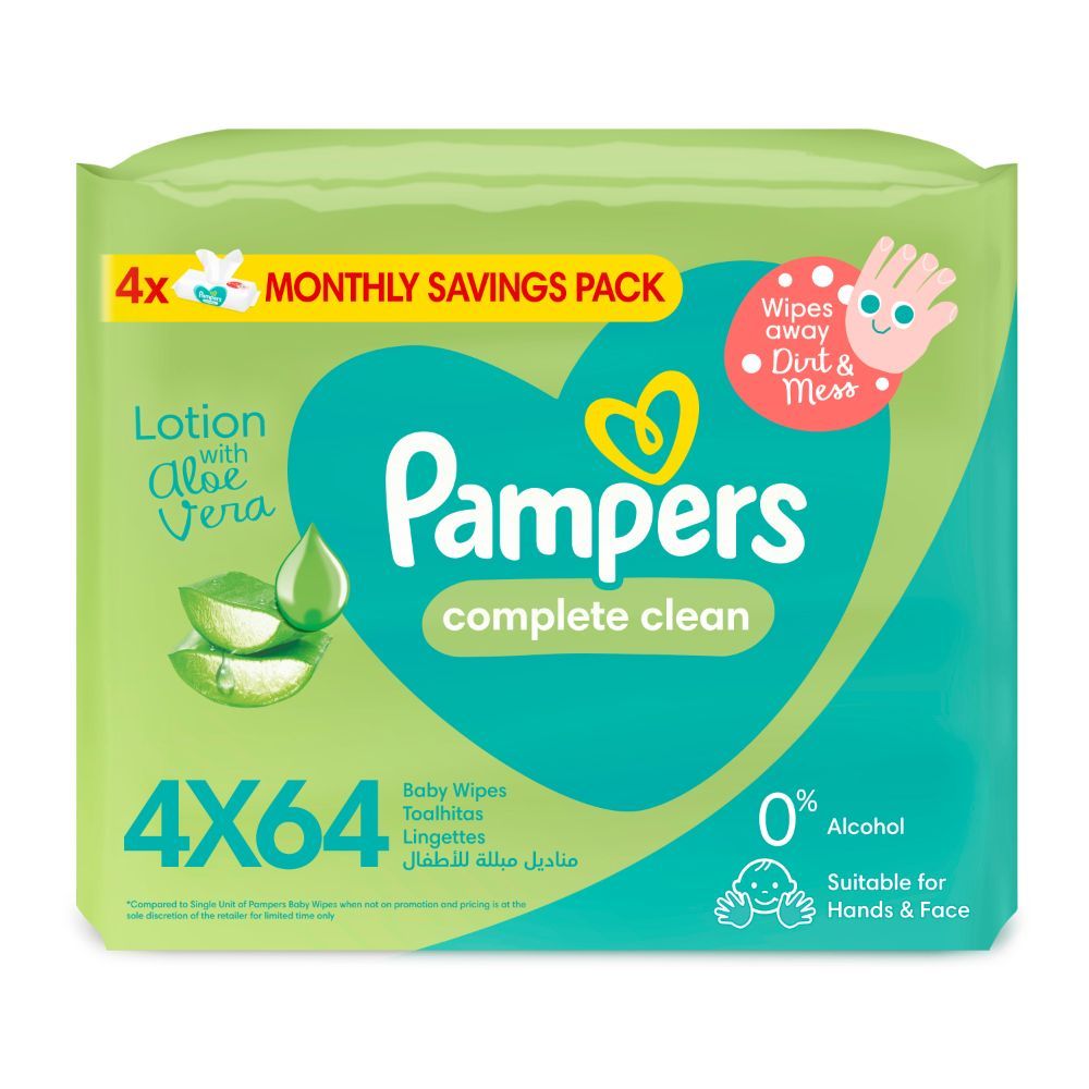 Pampers - Complete Clean Baby Wipes with Aloe Vera Lotion, 4 Packs, 256 Count