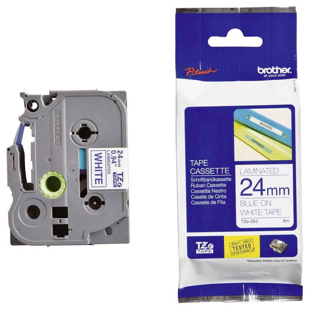 Brother - 24mm Blue On White Laminated Label Tape TZE-253